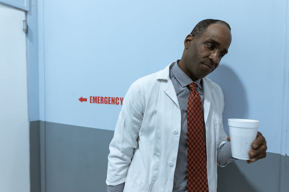 A healthcare worker in a lab coat holding a cup in a hospital corridor by the emergency section